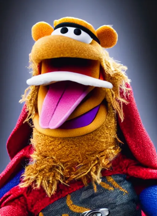 Prompt: studio portrait still of muppet thor as a muppet muppet as a muppet, 8 k, studio lighting, key light,