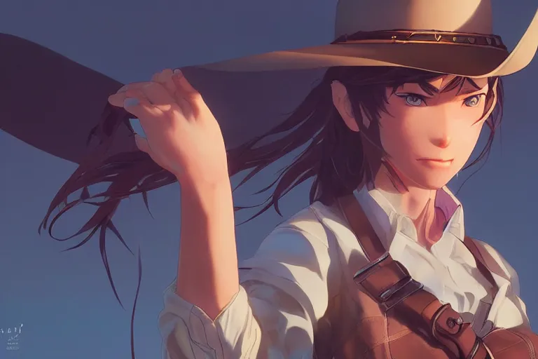 Image similar to western cowgirl, single centered subject, mid shot, ambient lighting, detailed face, by makoto shinkai, stanley artgerm lau, wlop, rossdraws