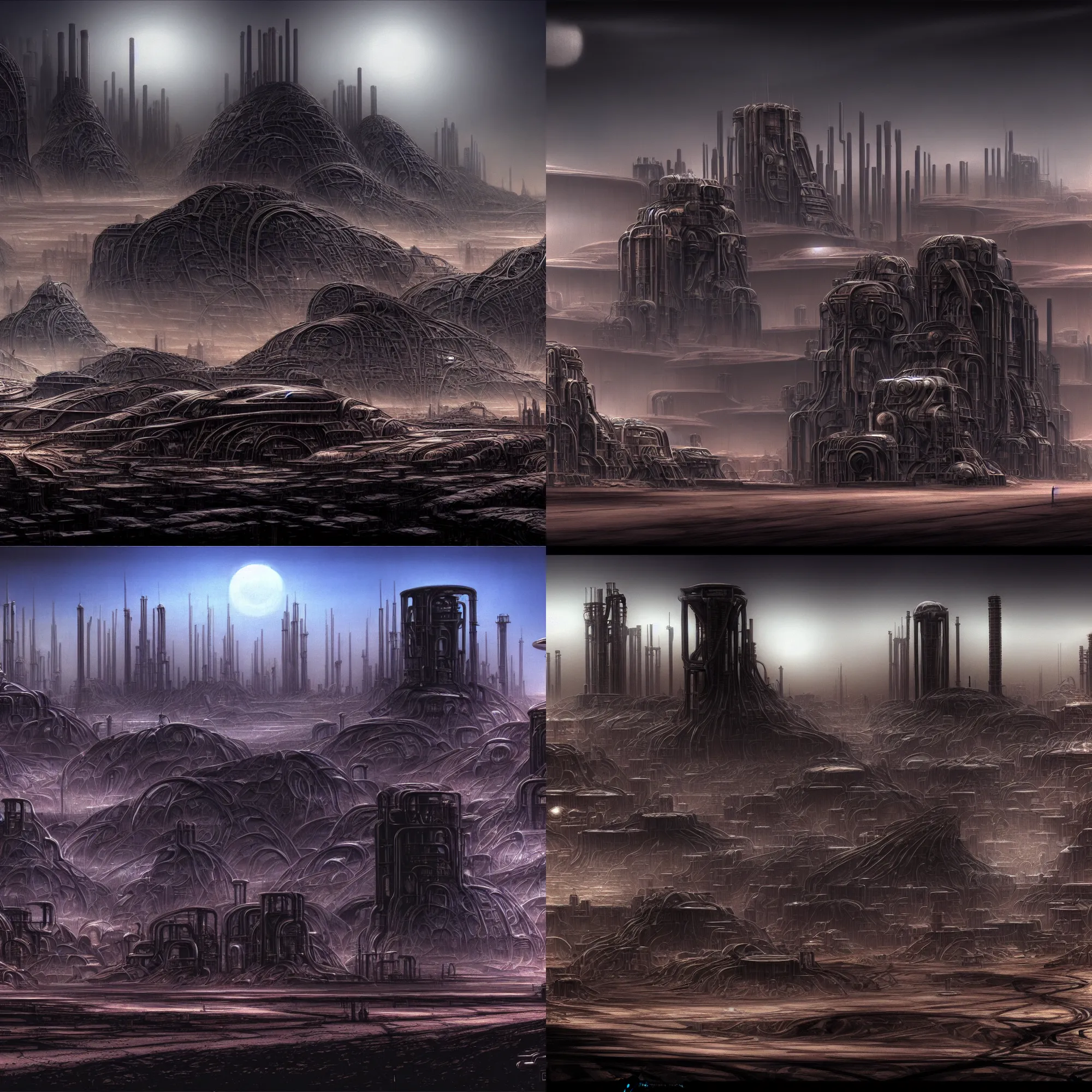 Image similar to industrial city in the desert, dune concept art by Yoshitaka Amano and H.R. Giger, monolithic structures, looming buildings, dark atmosphere, 4k, detailed,