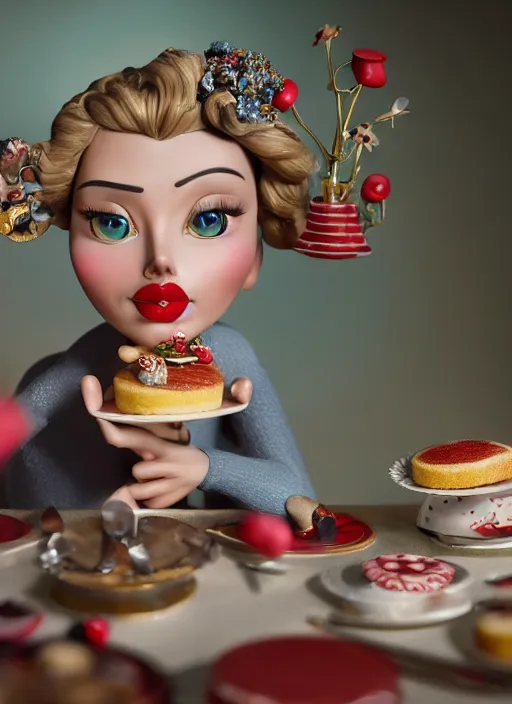 Prompt: closeup of a tin toy scarlett johansson eating cakes, depth of field, zeiss lens, detailed, symmetrical, centered, fashion photoshoot, by nicoletta ceccoli, mark ryden, lostfish, earl nore, hyung tae, frank frazetta, breathtaking, 8 k resolution, extremely detailed, beautiful, establishing shot, artistic, hyperrealistic, octane render