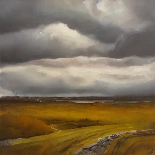 Image similar to sunny day, underlying sense of dread, stormy clouds on the horizon, warm palette, dreary atmosphere, contemporary landscape painting