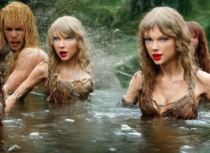 Prompt: taylor swift as conan the barbarian food fight with water nymphs, movie still, 8 k, realistic