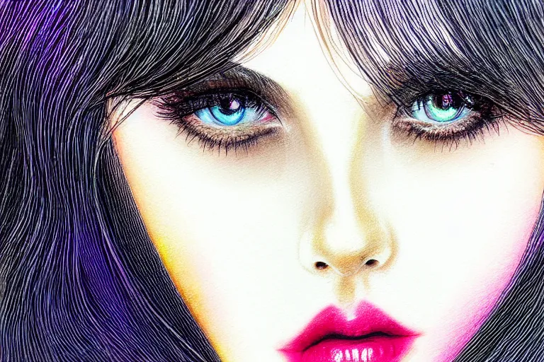 Image similar to sultry look in her eyes ユフィ・キサラギ close-up portrait looking straight on, complex artistic color pencil sketch illustration, full detail, gentle shadowing, fully immersive reflections and particle effects, chromatic aberration.