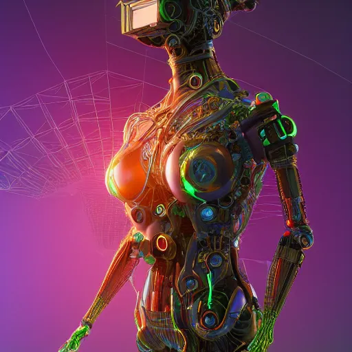 Prompt: a beautiful 3d render of a solarpunk woman wearing technology, full body portrait in the center of the frame, detailed intricate cables and cybernetic body parts, by android jones, octane 3d render, featured on artstation