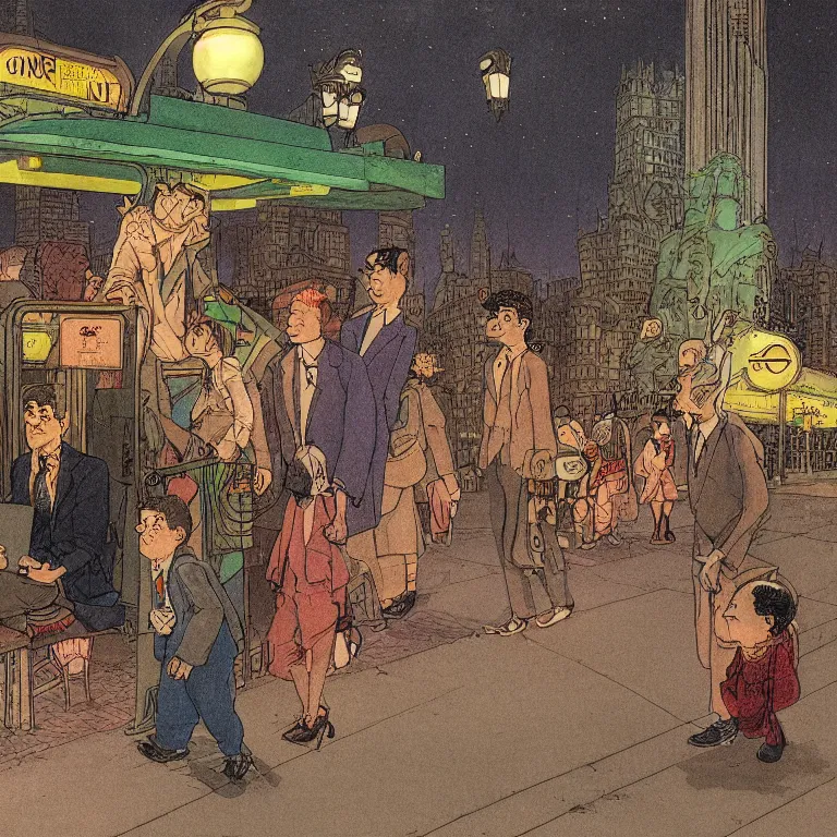 Prompt: some people waiting in bus stop in quiet dark city night, detailed, high quality, high resolution, color illustration by Winsor McCay little nemo