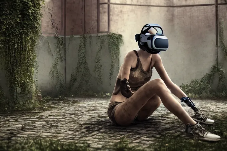 Prompt: Broken cyborg girl with VR helmet sitting on old courtyard with mud and an old playground between two soviet five-storey overgrown with ivy panel houses, high details, cinematic, 8k resolution, beautiful detailed, insanely intricate details, artstation trending, rule of third, octane render, unreal engine