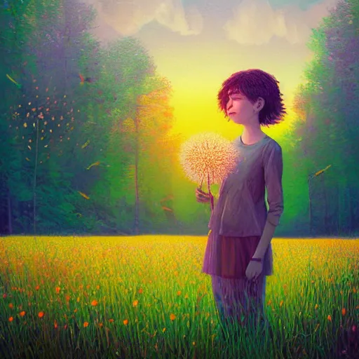 Image similar to girl with dandelion head, surreal photography, dream, standing in flower field, hills, big trees, sunrise dramatic light, impressionist painting, colorful clouds, digital painting, pointillism, artstation, simon stalenhag