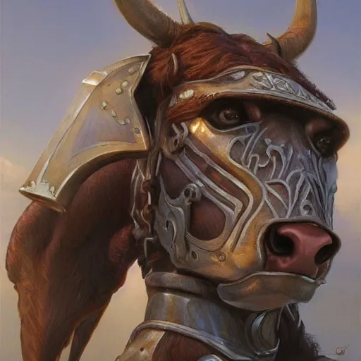 Image similar to cow as a realistic fantasy knight, closeup portrait art by donato giancola and greg rutkowski, realistic face, digital art, trending on artstation, symmetry!!