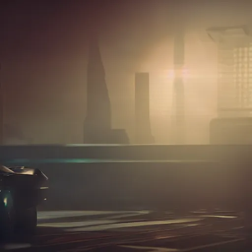 Image similar to flying car in cityscape, blade runner 2049, shallow depth of field medium shot, award winning, gritty, god rays