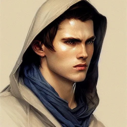 Image similar to ultra realistic illustration, a young man in a white hood, with brown hair, with blue eyes, intricate, elegant, highly detailed, digital painting, artstation, concept art, smooth, sharp focus, illustration, art by artgerm and greg rutkowski and alphonse mucha