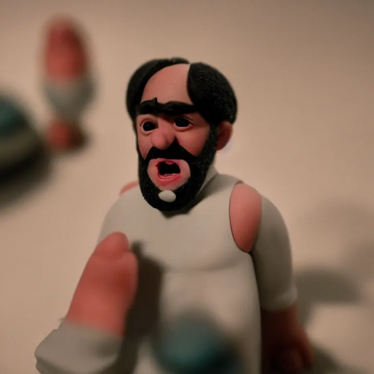 Prompt: a cinematic film still of a claymation stop motion film starring tom segura, shallow depth of field, 8 0 mm, f 1. 8