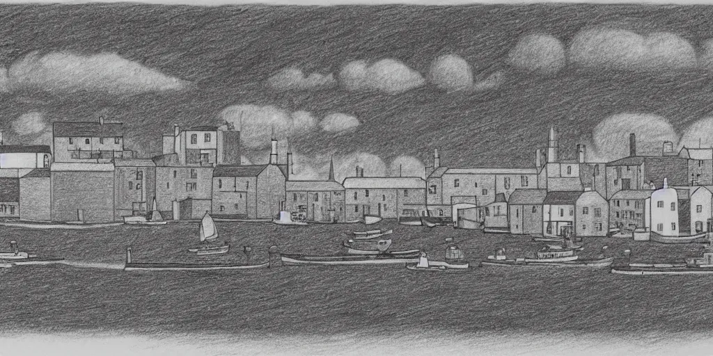 Prompt: a pencil drawing of the harbour at Stromness, orkney islands, small houses, boats, sea, stormy clouds, by Sol LeWitt