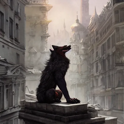 Prompt: werewolf sitting highly on lviv building, panorama, portrait, highly detailed, full body, digital painting, trending on artstation, concept art, sharp focus, illustration, art by artgerm and greg rutkowski and magali villeneuve