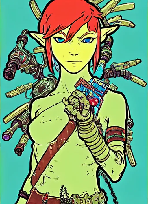 Prompt: biopunk zorra link from zelda!! portrait illustration, pop art, splash painting, art by geof darrow, ashley wood, alphonse mucha, makoto shinkai