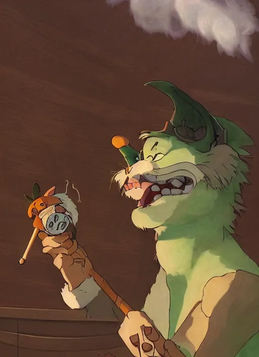 Image similar to studio ghibli pathfinder 2 e illustration of furry goblin smoking a cigar, character portrait, unreal engine, hyper realism, realistic shading, cinematic composition, realistic render, octane render, detailed textures, photorealistic, wide shot