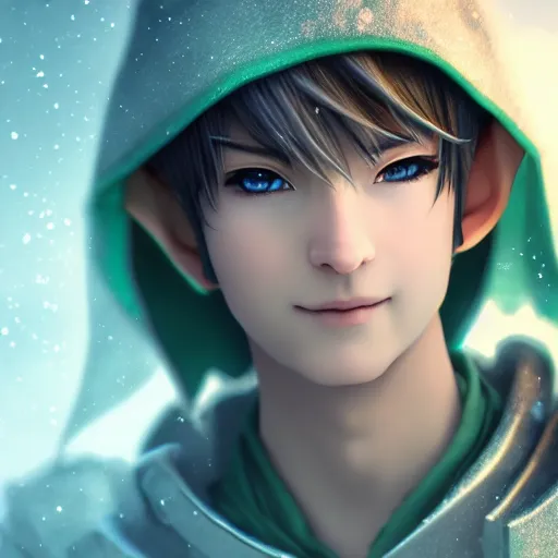 Image similar to elf boy render as a very beautiful 3d anime boy, silver hair, azur green eyes, full round face, belly free Cloak, short smile, in snow, cinematic lightning, medium shot, mid-shot, highly detailed, trending on Artstation, Unreal Engine 4k, cinematic wallpaper