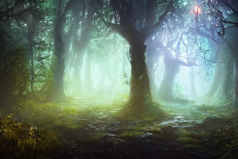 Image similar to An enchanted forest at night, beautiful landscape, fantasy-style, cinematic lighting, photorealism.