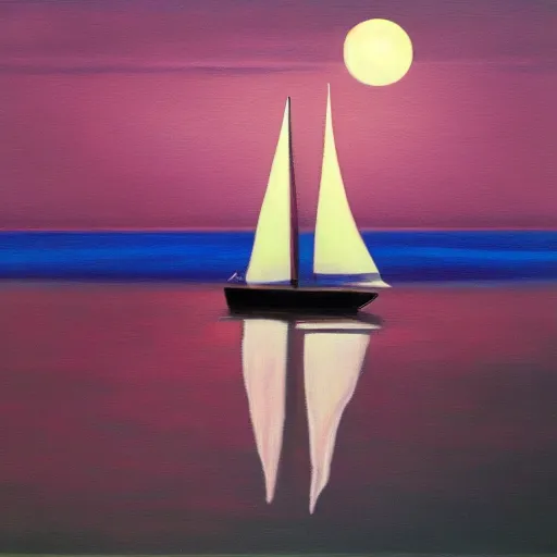 Prompt: white sailboat on a dark purple sea by a port, coherent, oil on canvas, reflection, very far shot, moon