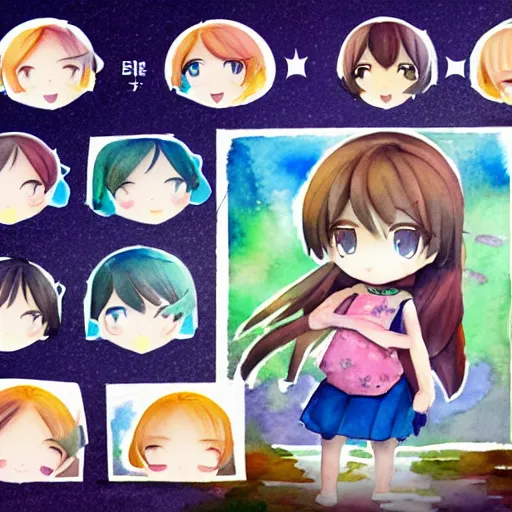 Image similar to beautiful water color concept art of cute nendoroid girl in the style of story book, toon rendering, close-up, flat, lacking in three-dimensionality, flat tone