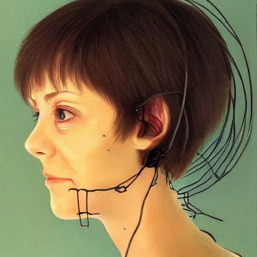 Image similar to beautiful pure evil adult lain with hundreds of network cables, neatly coming out of her head, a part of her face panel is showing, she is in pure bliss, chaos, bizarre, strange, portrait, painting