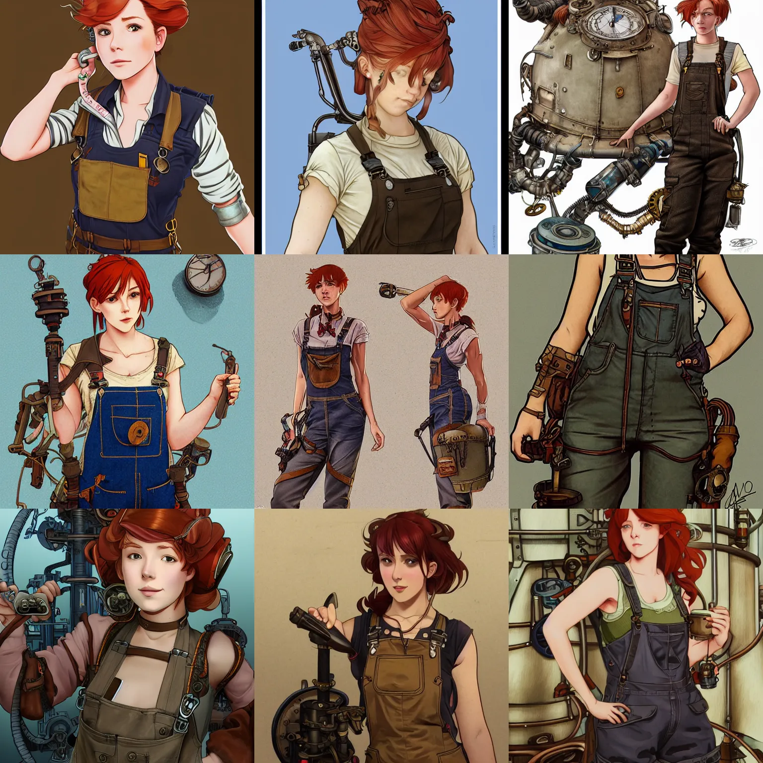 Prompt: Portrait of an airship mechanic wearing a tank top and dungarees, steampunk, redhead, prosthetic arm, highly detailed, artstation, digital illustration, concept art, by Kyoto Animation and Studio Ghibli, by Artgerm and Alphonse Mucha