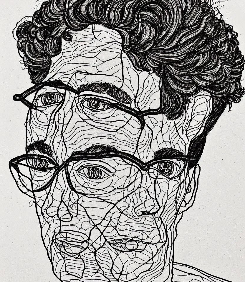 Prompt: detailed line art portrait of paul gaughin, inspired by egon schiele. caricatural, minimalist, bold contour lines, musicality, soft twirls curls and curves, confident personality, raw emotion