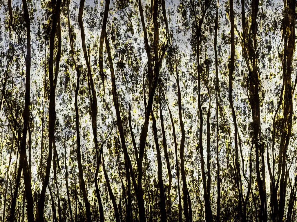 Image similar to double exposure photograph of tens of eucalyptus trees, strong back light, autumn, in the style of edward steichen and klee,