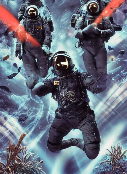 Prompt: astronauts in dark and empty void underwater poster - complex and hyperdetailed technical suit. go pro selfie. reflection and dispersion materials. rays and dispersion of light. volumetric light. 5 0 mm, f / 3 2. noise film photo. flash photography. ultra realistic. poster by wayne barlowe, hajime sorayama aaron horkey, craig mullins