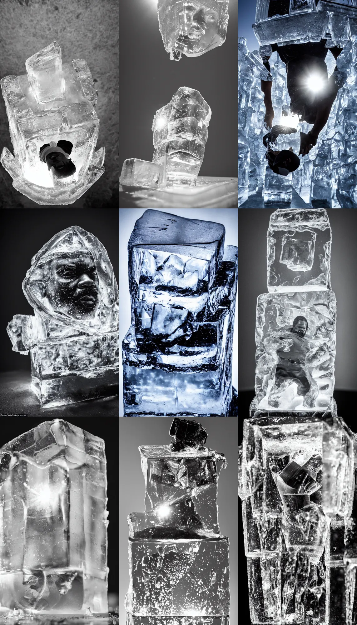 Prompt: dramatic photo, the rapper'ice cube'carved out of ice, lit from bottom, full body, wide angle photo, award winning