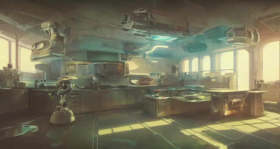 Image similar to interior shot, scifi robot kitchen, robotic mecha car, robot appliances, robot food, neon lights, neon lights, neon lights, neon lights, cinematic lighting, Craig Mullins, Greg Rutkowski, volumetric light, artstation, octane render, low angle camera