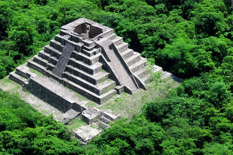 Prompt: A hypercube atop a Mayan temple in the middle of the jungle