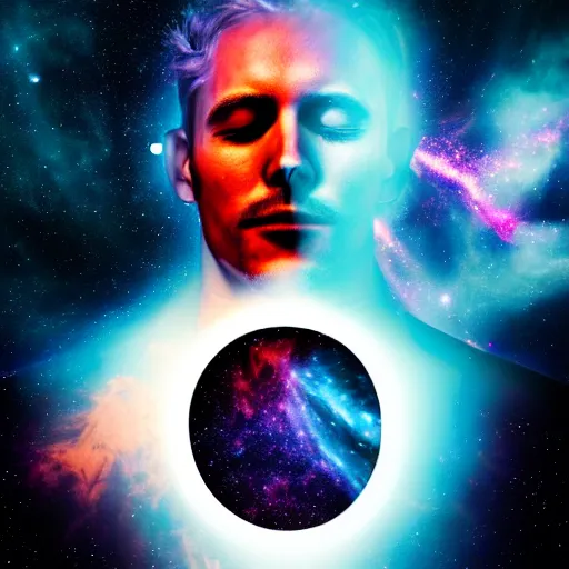 Prompt: an ultraealistic portrait of a man with space nebulaes replacing his face