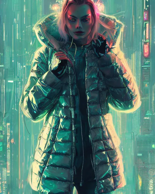 Image similar to detailed margot robbie portrait neon operator girl cyberpunk futuristic neon reflective puffy coat, decorated with traditional japanese ornaments by ismail inceoglu dragan bibin hans thoma greg rutkowski alexandros pyromallis nekro rene margitte illustrated perfect face, fine details, realistic shaded, fine - face, pretty face