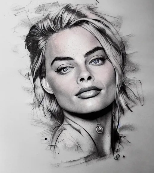 Image similar to mash up tattoo sketch of margot robbie with beautiful mountain scenery, double exposure effect, in the style of arlo dicristina, hyper realism, amazing detail, sharp