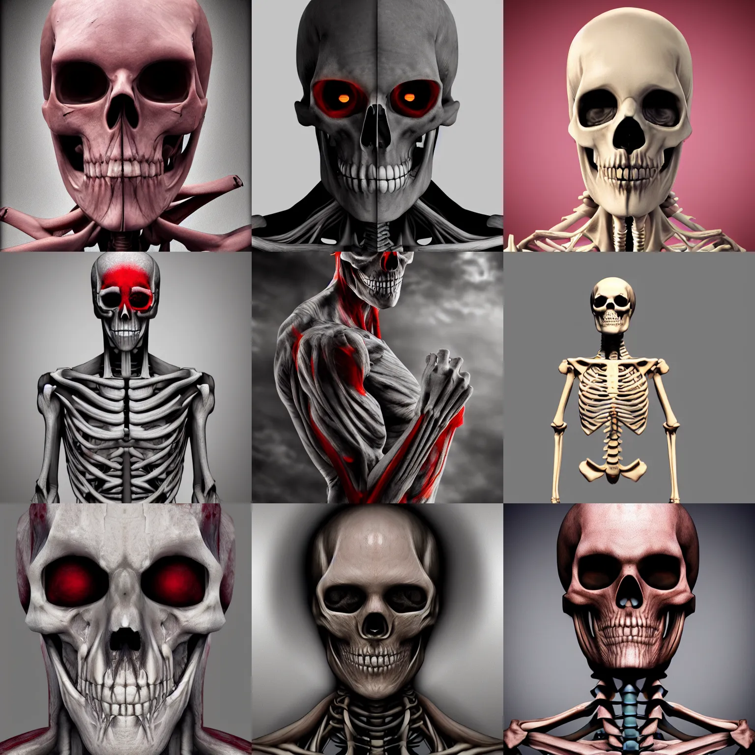 Prompt: half flesh half skeleton man, red eyes, realistic, real life, deviantart, 8K,