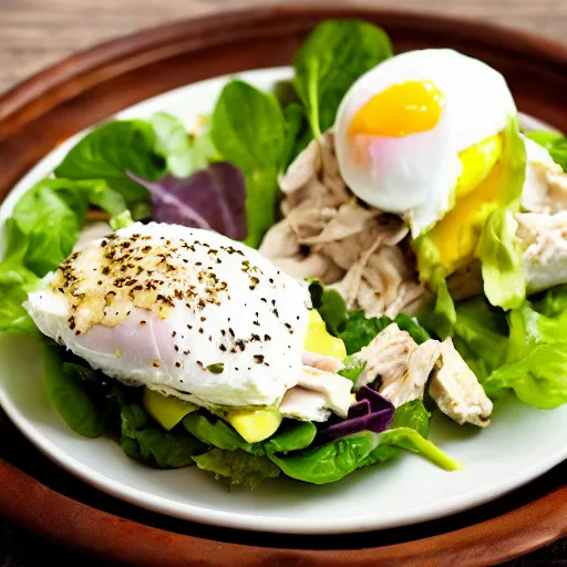 Image similar to chicken salad with avocado and poached egg, food photography