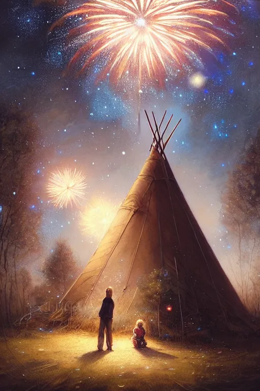 Image similar to a mother a father and 8 children sitting in front of a tipi with galaxies overhead, fireworks, by wlop, by luis royo, by peter mohrbacher, concept art, digital illustration, intricate, masterpiece, elegant, super detailed, unreal engine rendering, smooth, sharp focus, artstation hq