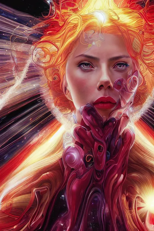 Image similar to celestial scarlett johansson emerging from a wormhole, by artgerm and yoshitaka amano and moebius and alphonse mucha, hyperdetailed, dc comics, ornate, nebula, explosions in the sky, trending on artstation