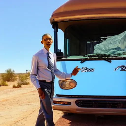 Prompt: obama holding a ziplock bag with baby blue meth, desert background, next to an rv, by stephen bliss, gta loading screen