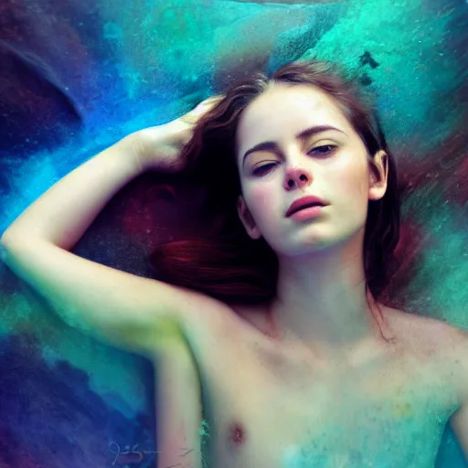 Image similar to portrait of a beautiful girl + skins effy, floating under the deep dream water, beautiful smooth soft light + white petal, by personal photography, art by brookskim, closeup, 4 k, highly detailed, instagram,