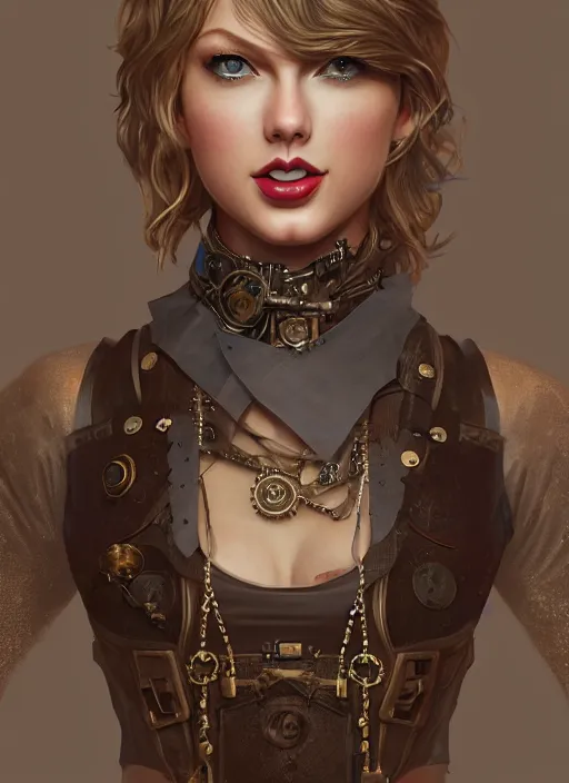 Image similar to steampunk portrait of Taylor Swift, au naturel, hyper detailed, digital art, trending in artstation, cinematic lighting, studio quality, smooth render, unreal engine 5 rendered, octane rendered, art style by klimt and nixeu and ian sprigger and wlop and krenz cushart