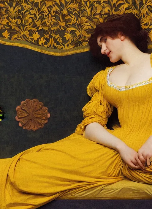 Prompt: portrait of lady reclining on bed wearing yellow ochre ornate medieval dress, foreshortening, colour photography by frederic leighton, william morris, 8 k