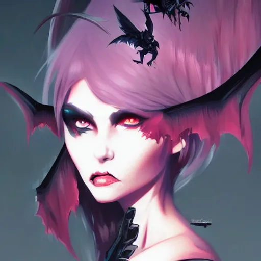 Image similar to demonic diselpunkwoman with black bat wings, elegant, highly detailed, digital painting, artstation, concept art, sharp focus, illustration, strong brush stroke, anime, sharp focus, ghibli studio, art by ilya kuvshinov, rossdraws