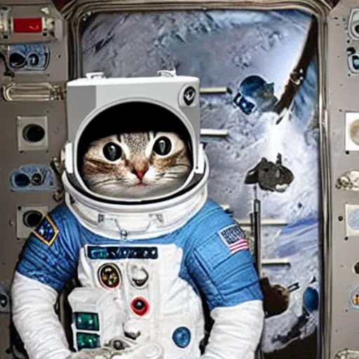 Image similar to astronaut cat should look like real in the space station