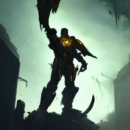 Image similar to anthropomorphic cyberpunk warrior stands tall wearing black and gold armor, oil painting, Tooth Wu, Greg Rutkowski, RPG, dynamic lighting, fantasy art, High contrast, depth of field, landscape, scenery