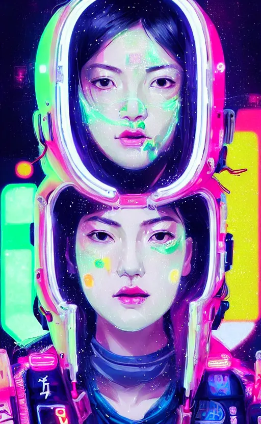 Prompt: detailed portrait petite white brunette woman with asian eyes and thick lip Neon Operator girl, cyberpunk futuristic neon, reflective puffy coat, decorated with traditional Japanese ornaments by Ismail inceoglu dragan bibin hans thoma !dream detailed portrait Neon Operator Girl, cyberpunk futuristic neon, reflective puffy coat, decorated with traditional Japanese ornaments by Ismail inceoglu dragan bibin hans thoma greg rutkowski Alexandros Pyromallis Nekro Rene Maritte Illustrated, Perfect face, fine details, realistic shaded, fine-face, pretty face