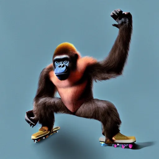 Image similar to Gorilla skating, ps1 render, dripping texture, colorful