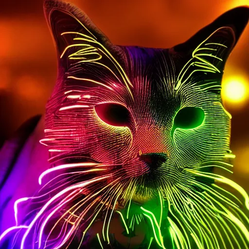 Prompt: cybercat head, neon glow, closeup, city in the background, high quality, high detailed