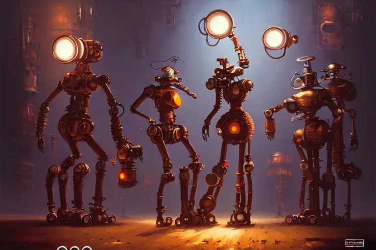 Image similar to steampunk robots expressively dancing by otto dix and greg rutkowski and andreas rocha, cinematic lighting, highly detailed, warm colours, 4 k