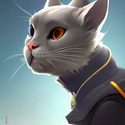 Image similar to Portrait painting an anthropomorphic gray cat wearing a jacket and a collar, as an Overwatch character, medium shot, asymmetrical, profile picture, Organic Painting, sunny day, Matte Painting, bold shapes, hard edges, street art, trending on artstation, by Huang Guangjian and Gil Elvgren and Sachin Teng